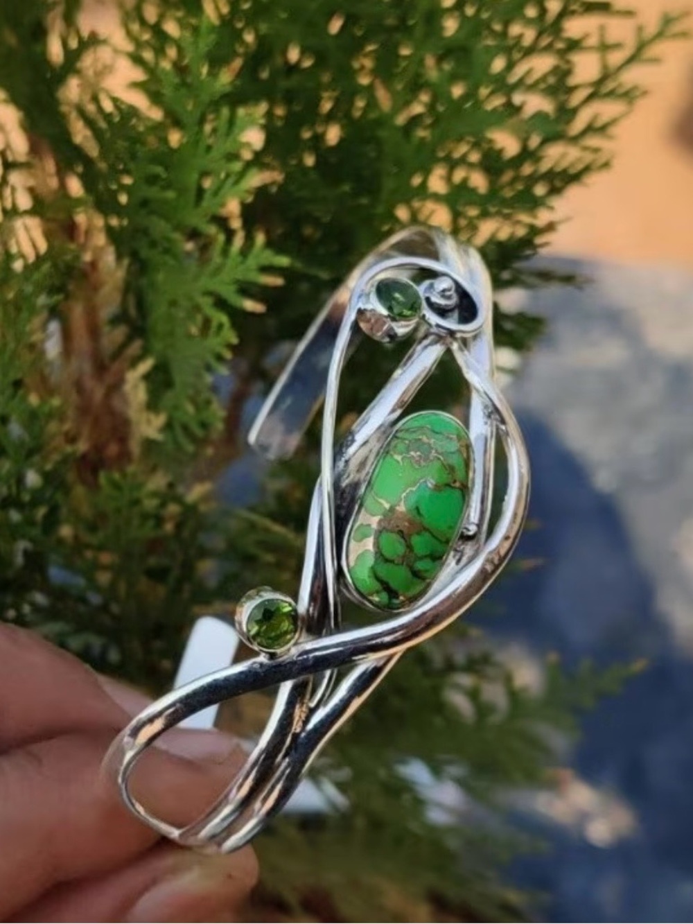 Silver-Tone Cuff Bracelet with Green Stone